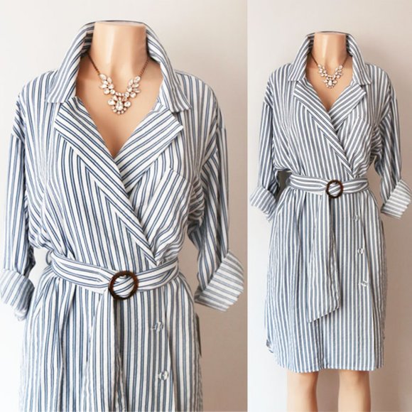 Zara Blue Stripe Belted Wrap Button Shirt Dress - Picture 2 of 8